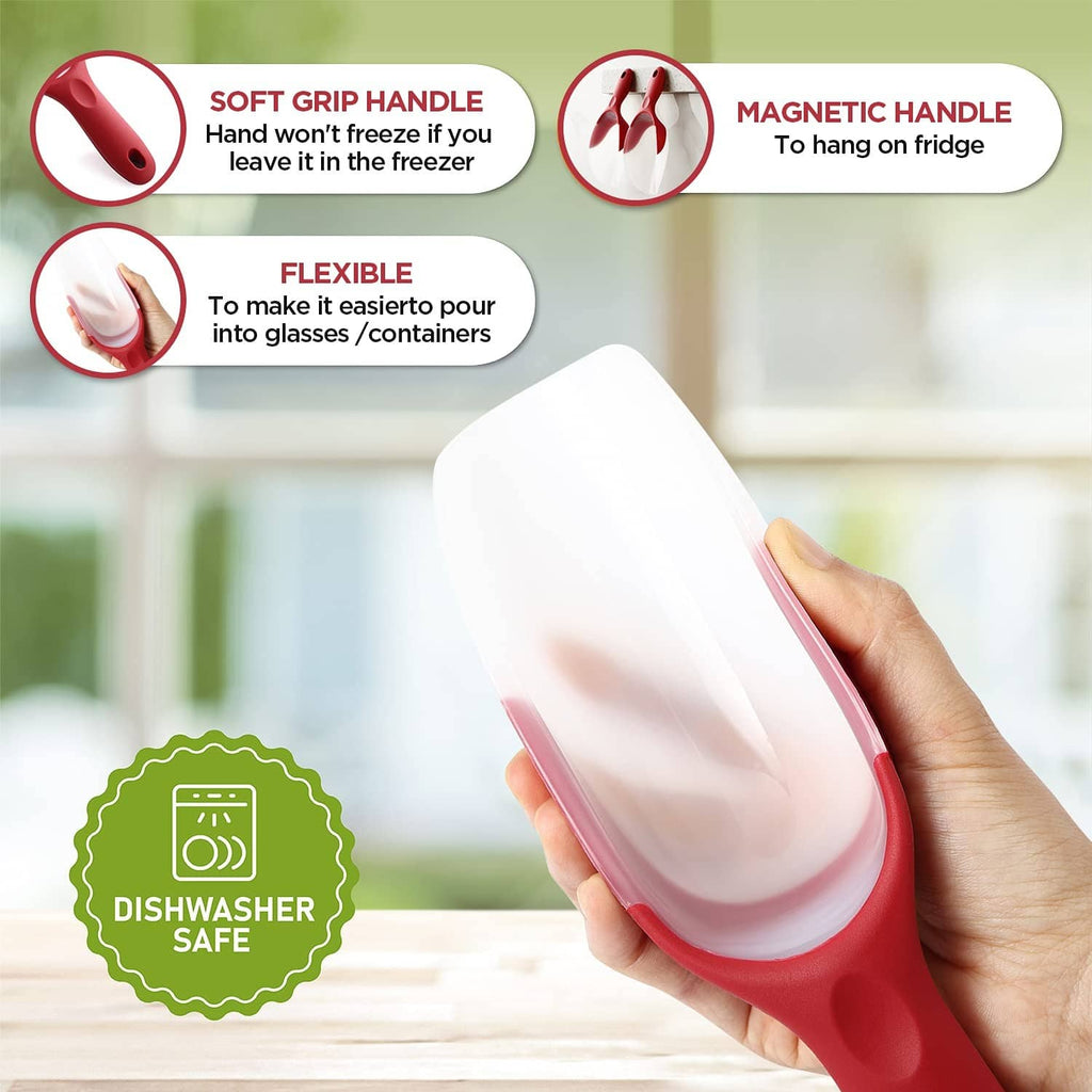 Red ice scoop handle with soft-grip and magnetic-hang icons; dishwasher-safe badge