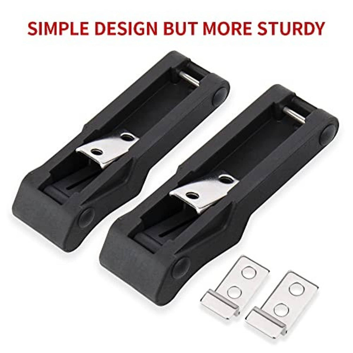 Two black rubber latch housings with metal mounting brackets and clips