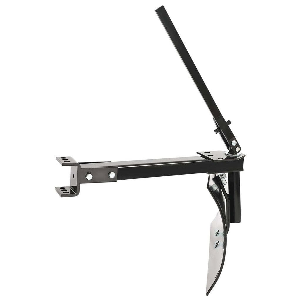 Adjustable hitch frame with scraper blade and mounting brackets, black steel