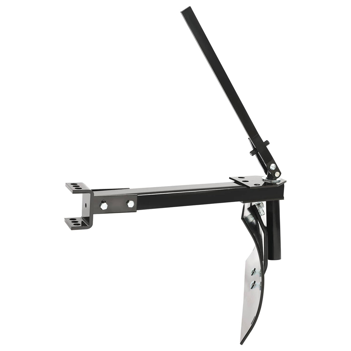 Adjustable hitch frame with scraper blade and mounting brackets, black steel