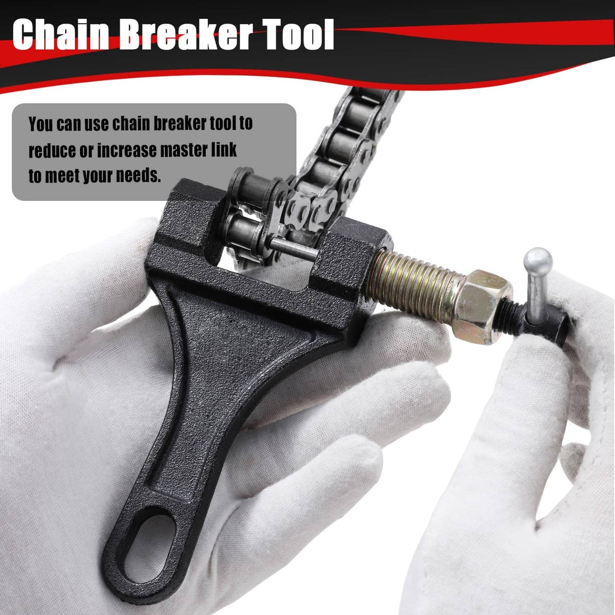 Chain breaker tool with black handle and metal pin for drive chains