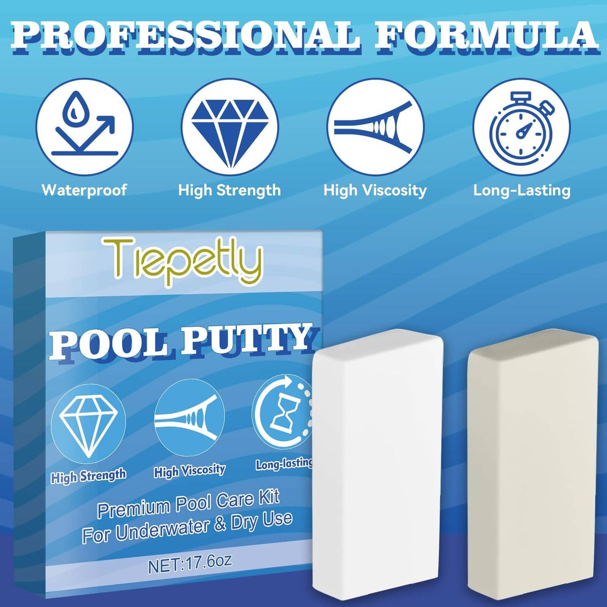 Pool epoxy putty kit with two white blocks and product packaging with strength icons
