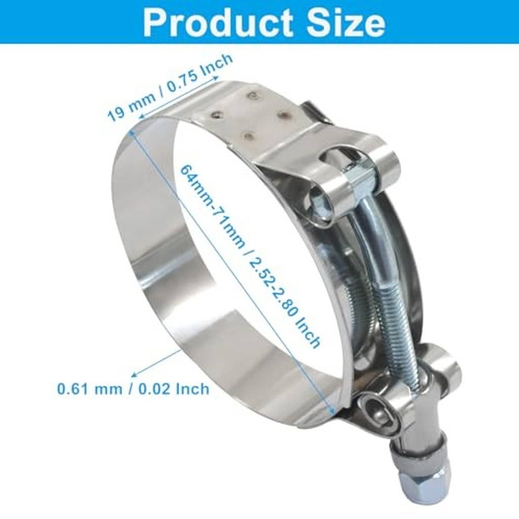 T-bolt hose clamp with stamped band and bolt, shown with size measurements