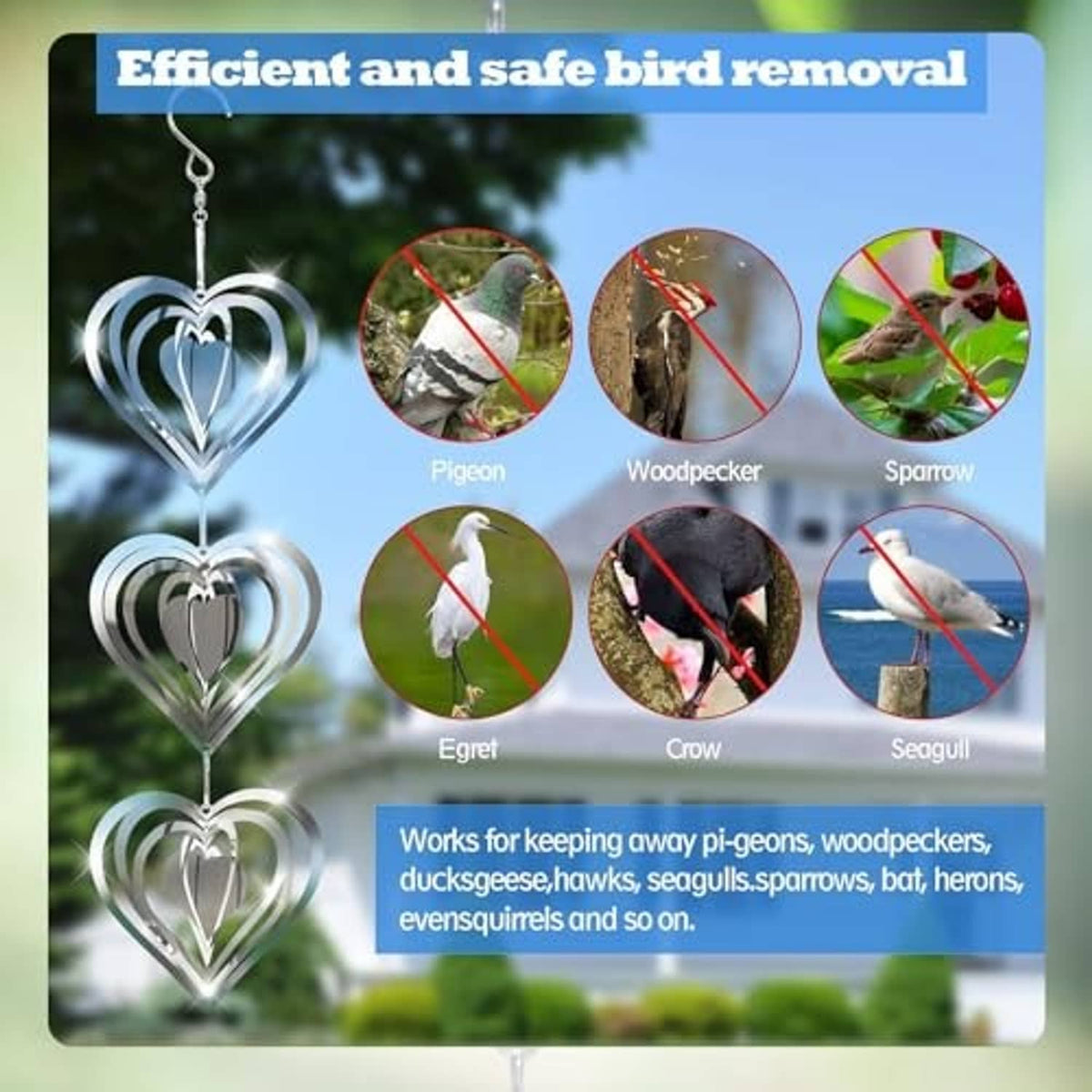 Stainless steel heart wind spinner with three reflective heart discs hanging outdoors