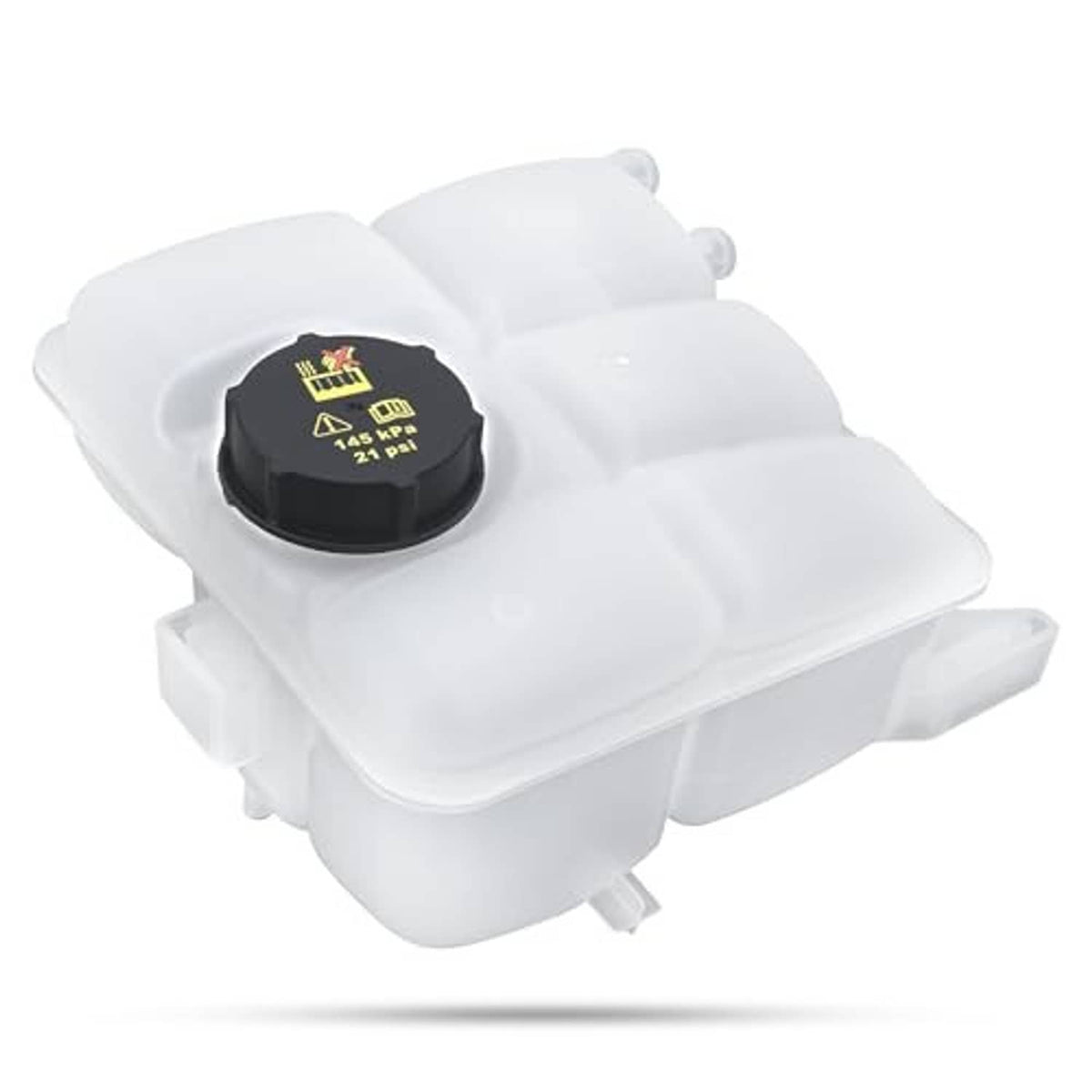 White engine coolant expansion tank with black pressure cap and molded outlets