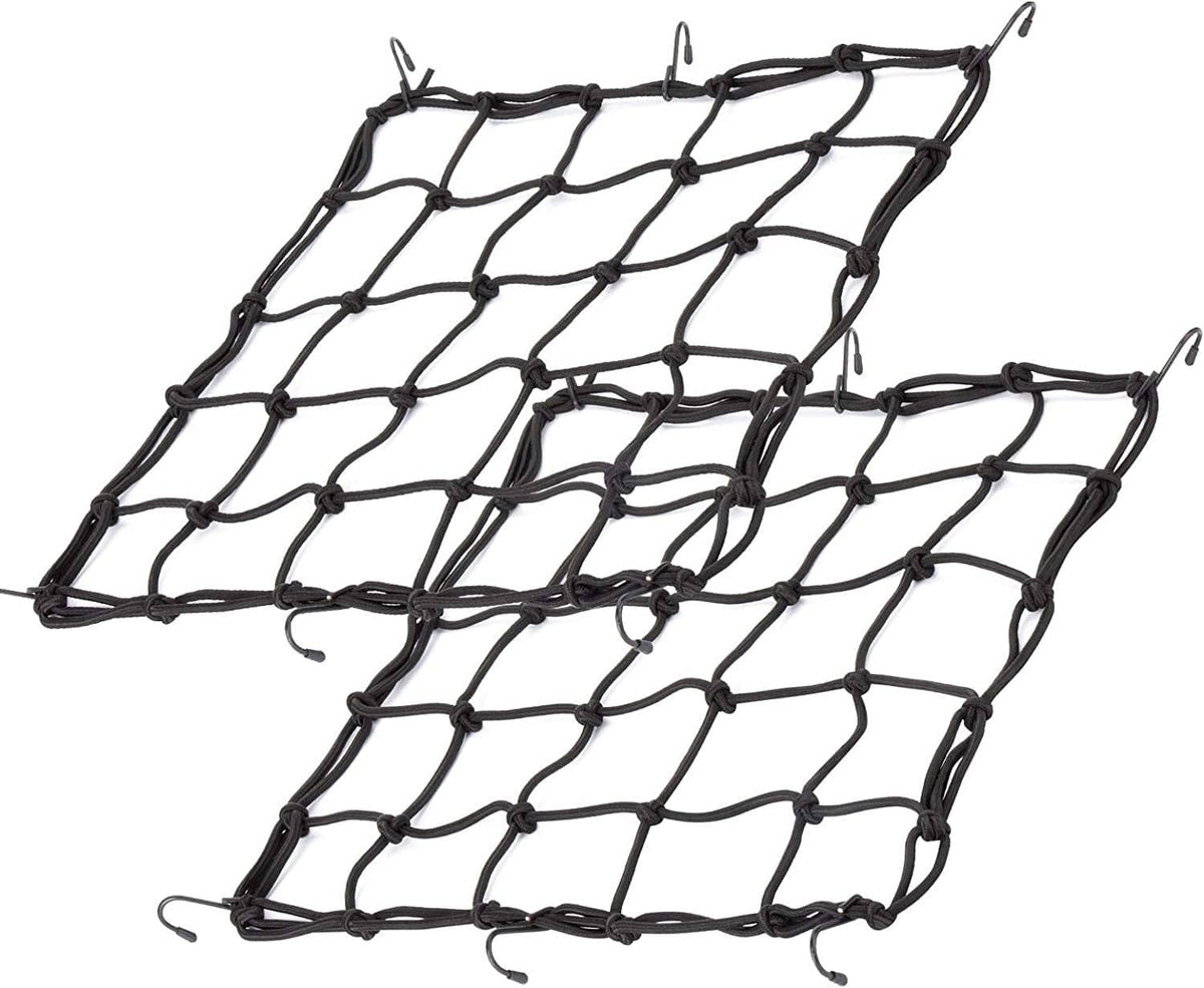 Black bungee cargo net with rectangular elastic mesh and corner attachment hooks