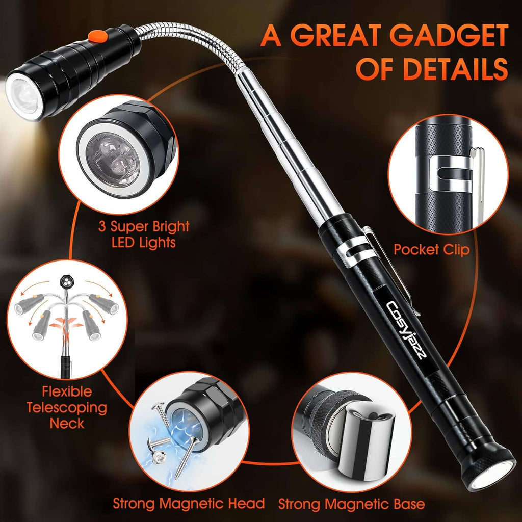 Black LED magnetic pickup tool with flexible neck, strong magnetic head, and pocket clip