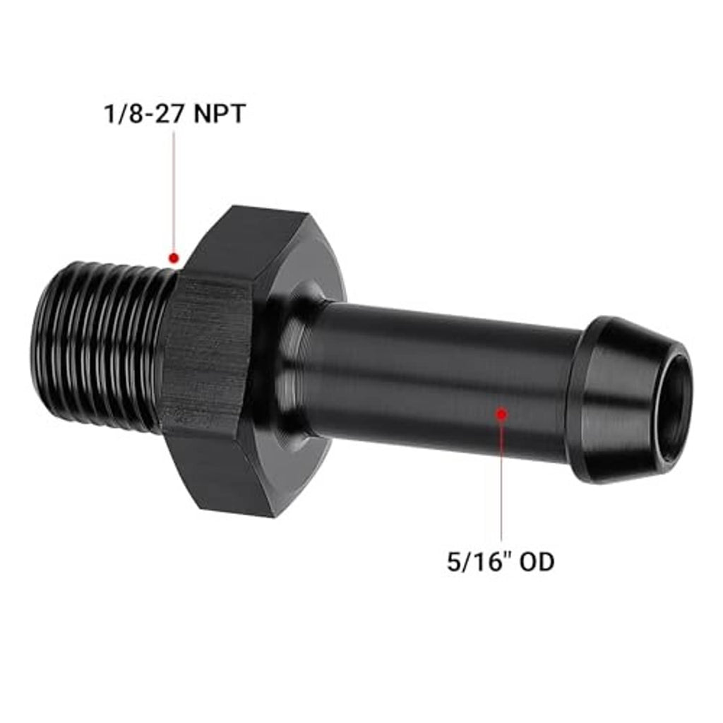 Straight barbed adapter labeled 1/8-27 NPT and 5/16 OD