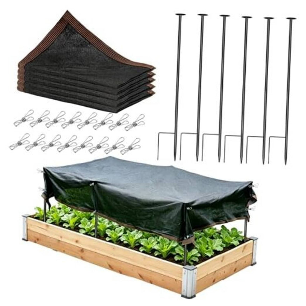 Garden shade cloth kit with folded dark sunshade net, clips, and metal stakes