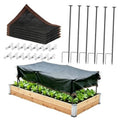 Garden shade cloth kit with folded dark sunshade net, clips, and metal stakes