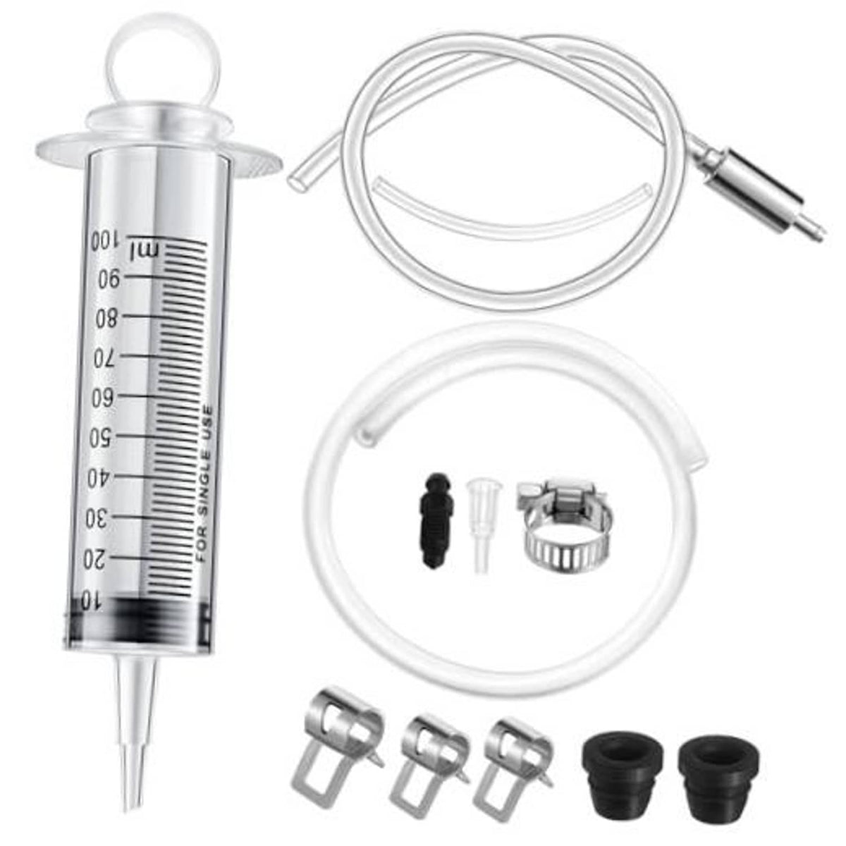 Hydraulic brake bleeding kit with 100ml syringe, hose line, adapters, clamps, and caps