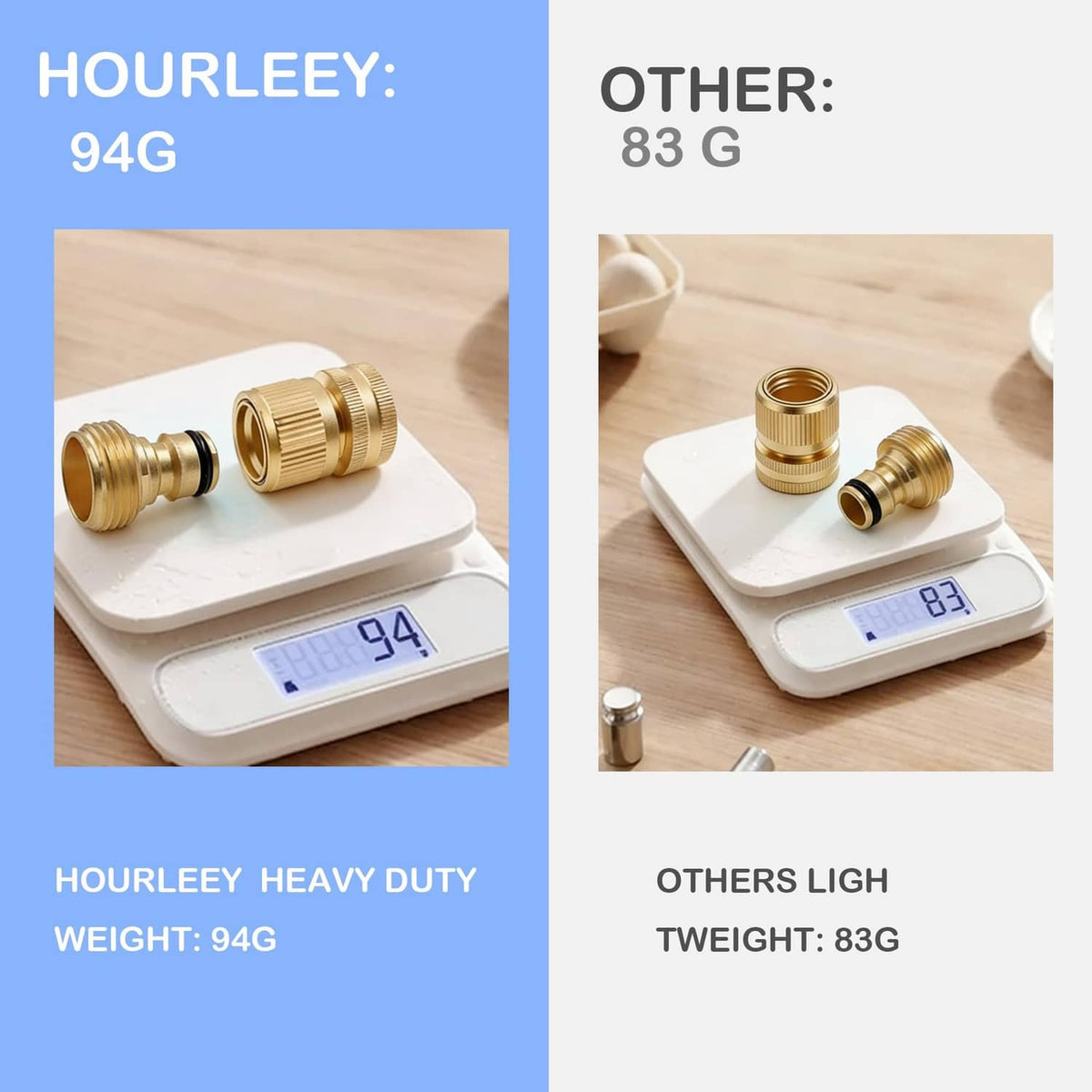 Gold solid brass quick connector fittings on a digital kitchen scale for weight comparison