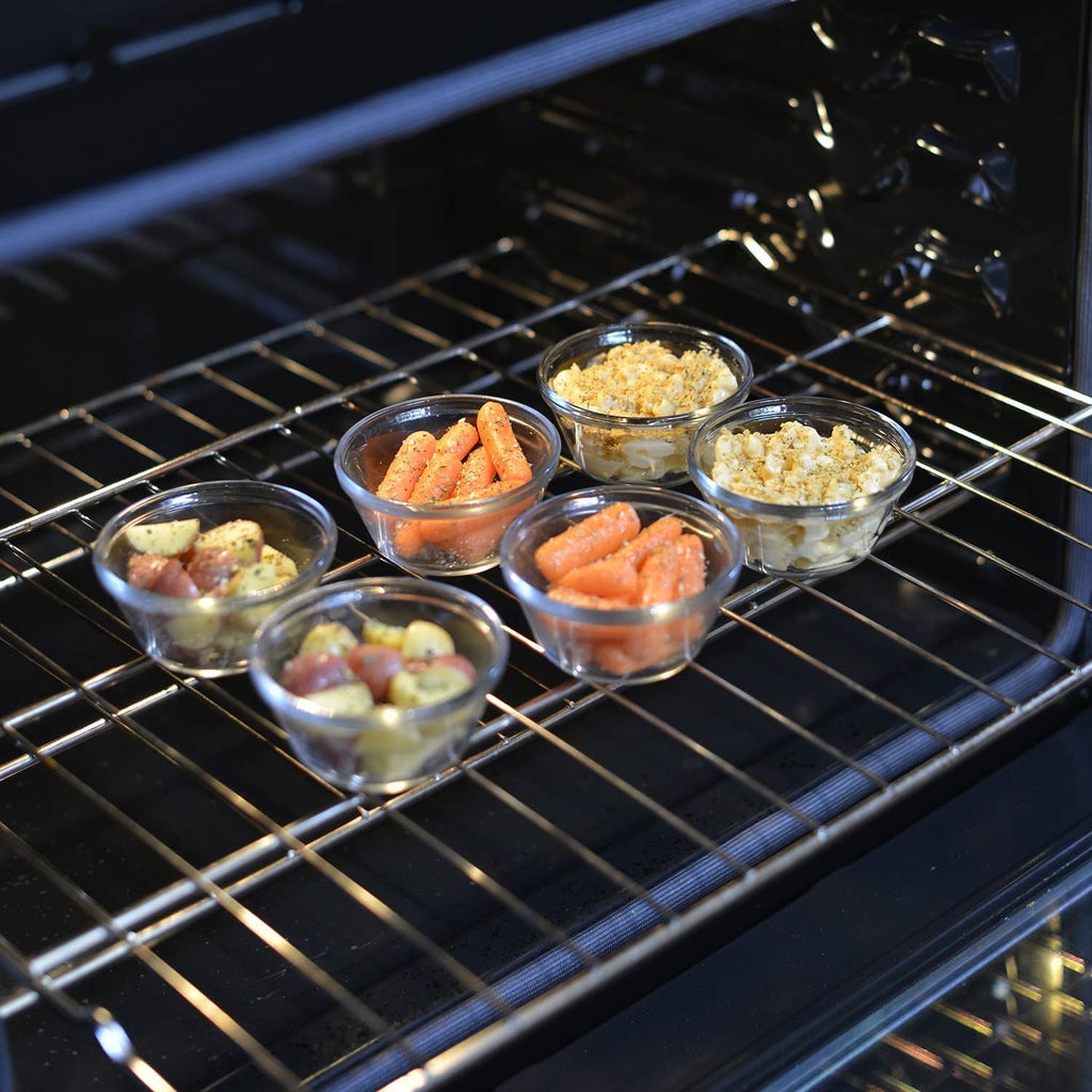 Glass custard cups on oven rack for baking