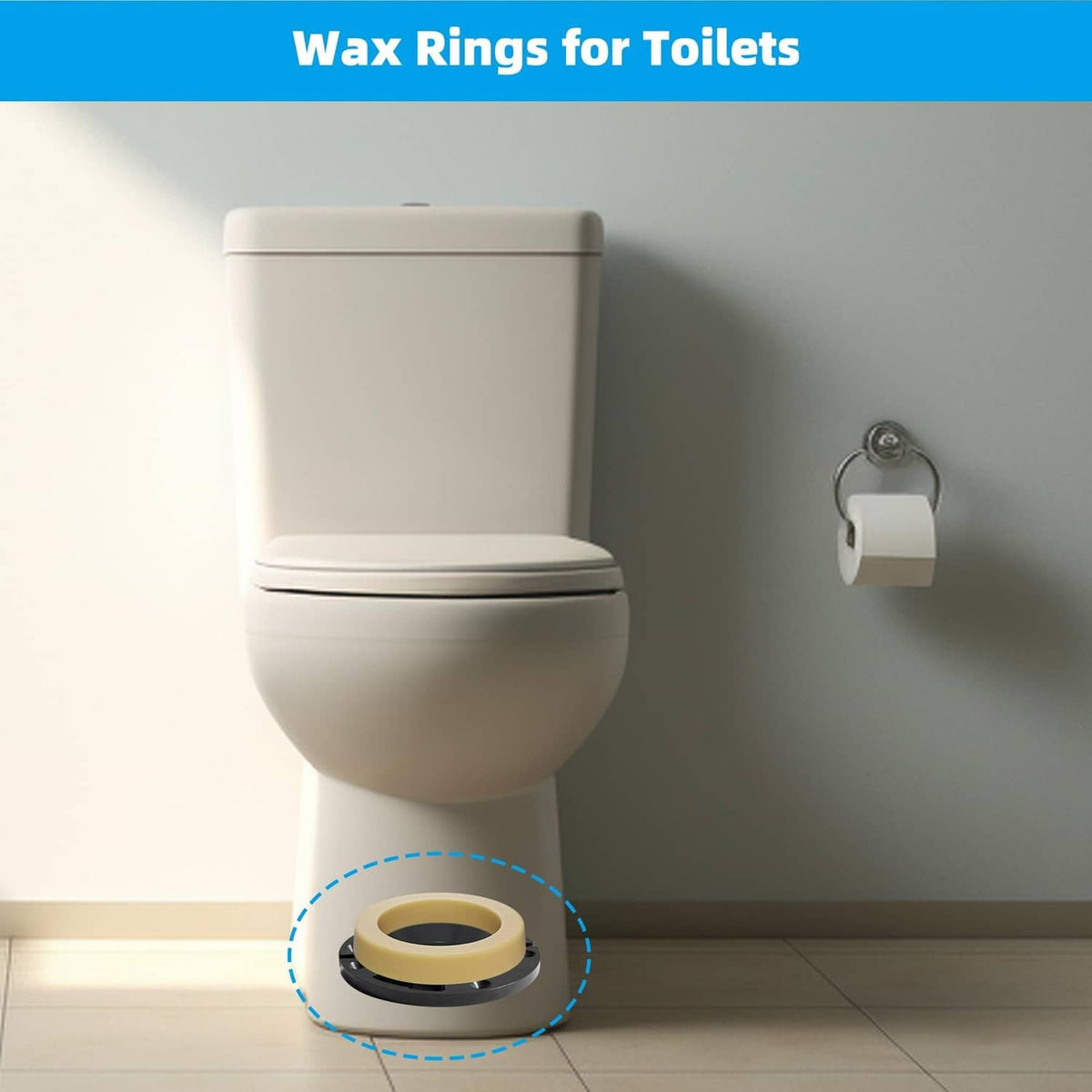 Yellow toilet wax ring gasket placed under toilet bowl outlet, circular seal