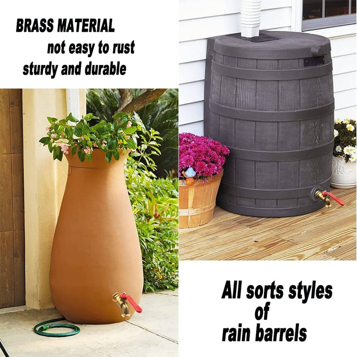 Brass rain barrel spigot with red lever installed on gray water barrel