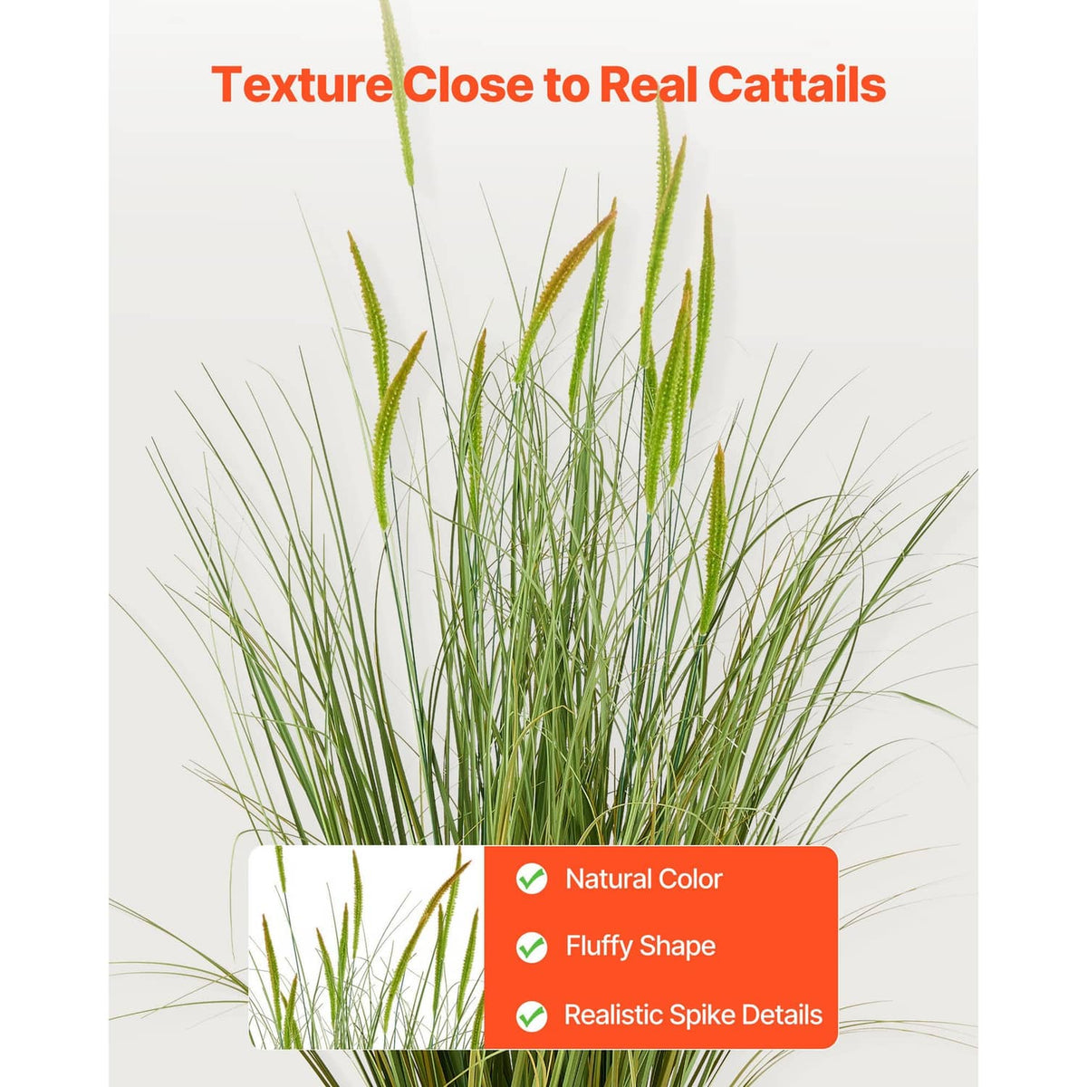 Close-up of artificial cattail grass with dense green spikes and a black base pot