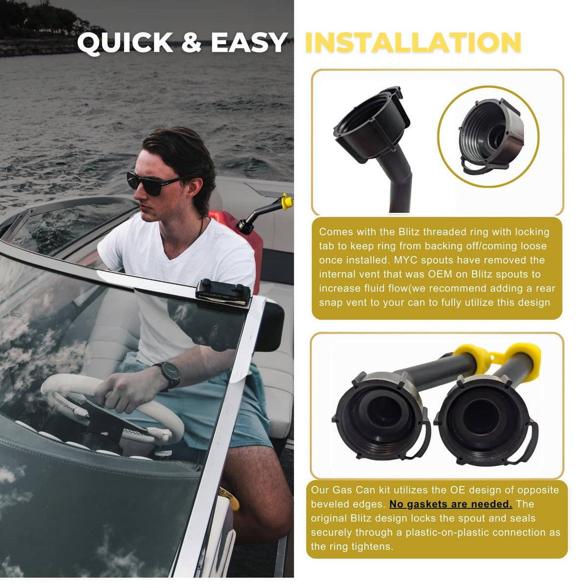 Black gas can spout replacement with yellow nozzle and threaded ring parts