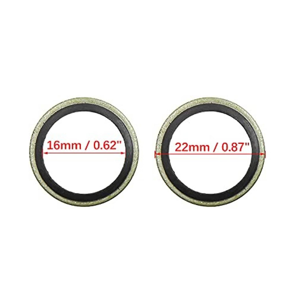 Crush washers with size markings: 16mm ID and 22mm OD, metal rings with black gasket