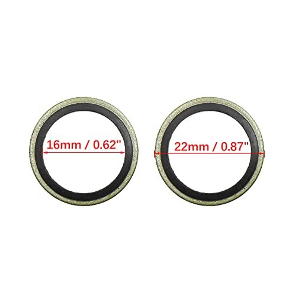 Crush washers with size markings: 16mm ID and 22mm OD, metal rings with black gasket