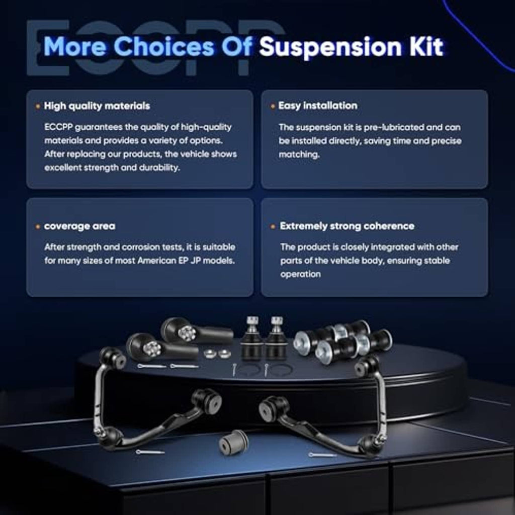 Suspension kit parts display with multiple ball joints and related hardware pieces