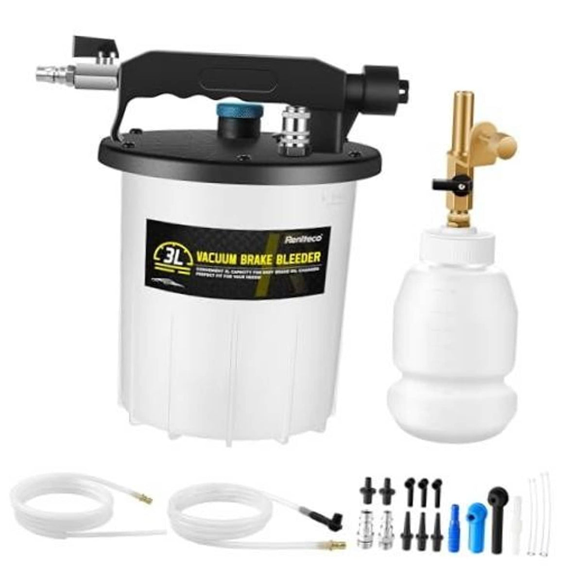 3L vacuum brake bleeder kit with black pump top, clear fluid bottle, hoses, and fittings