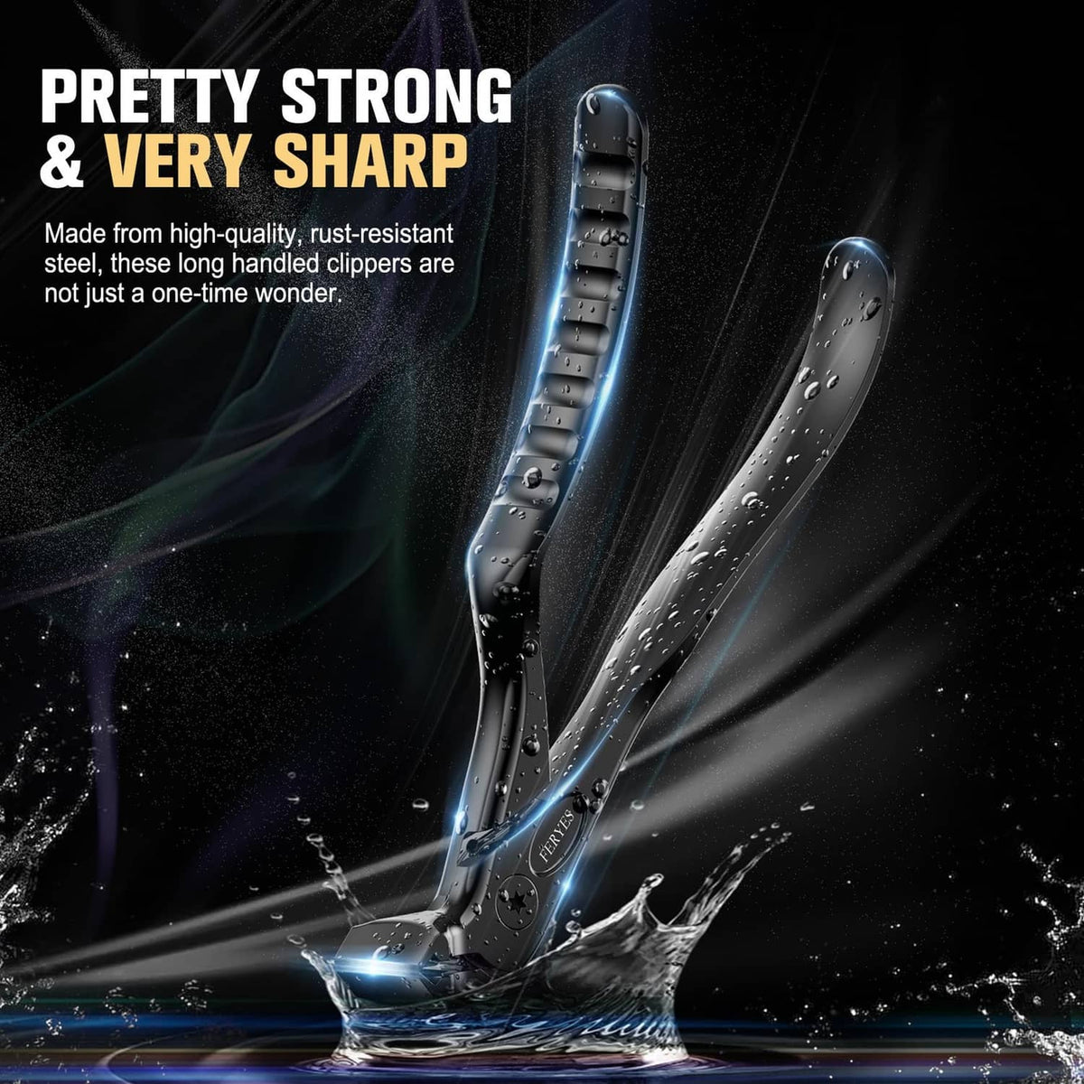 Black long nail clippers with blue-highlighted water-splash design