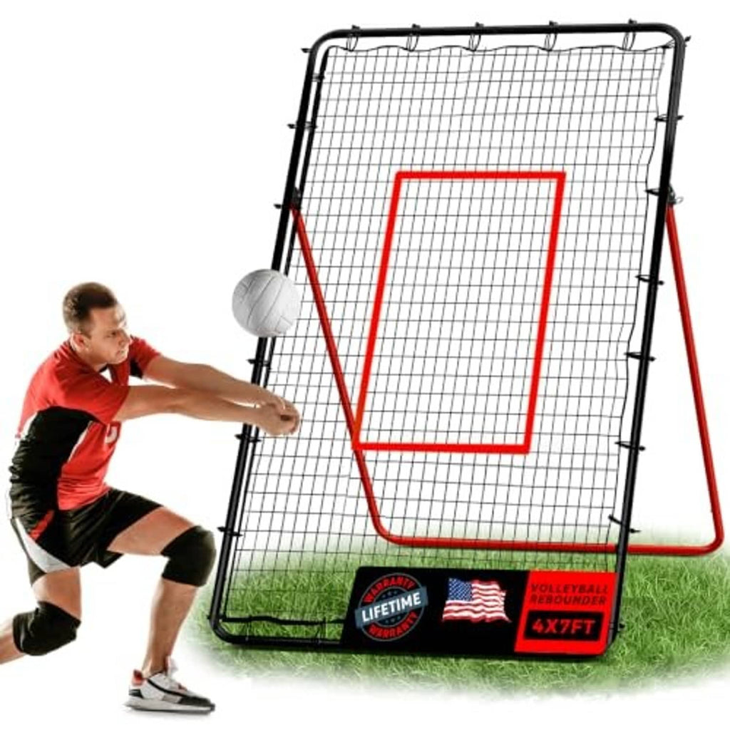 Volleyball rebounder net training frame with black mesh, red target box, side supports.
