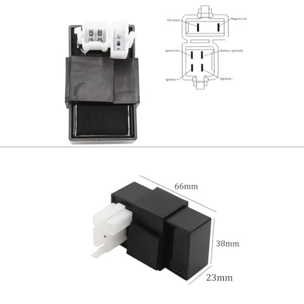 AC CDI box, black module with 6-pin connector; size marked 66mm/38mm/23mm