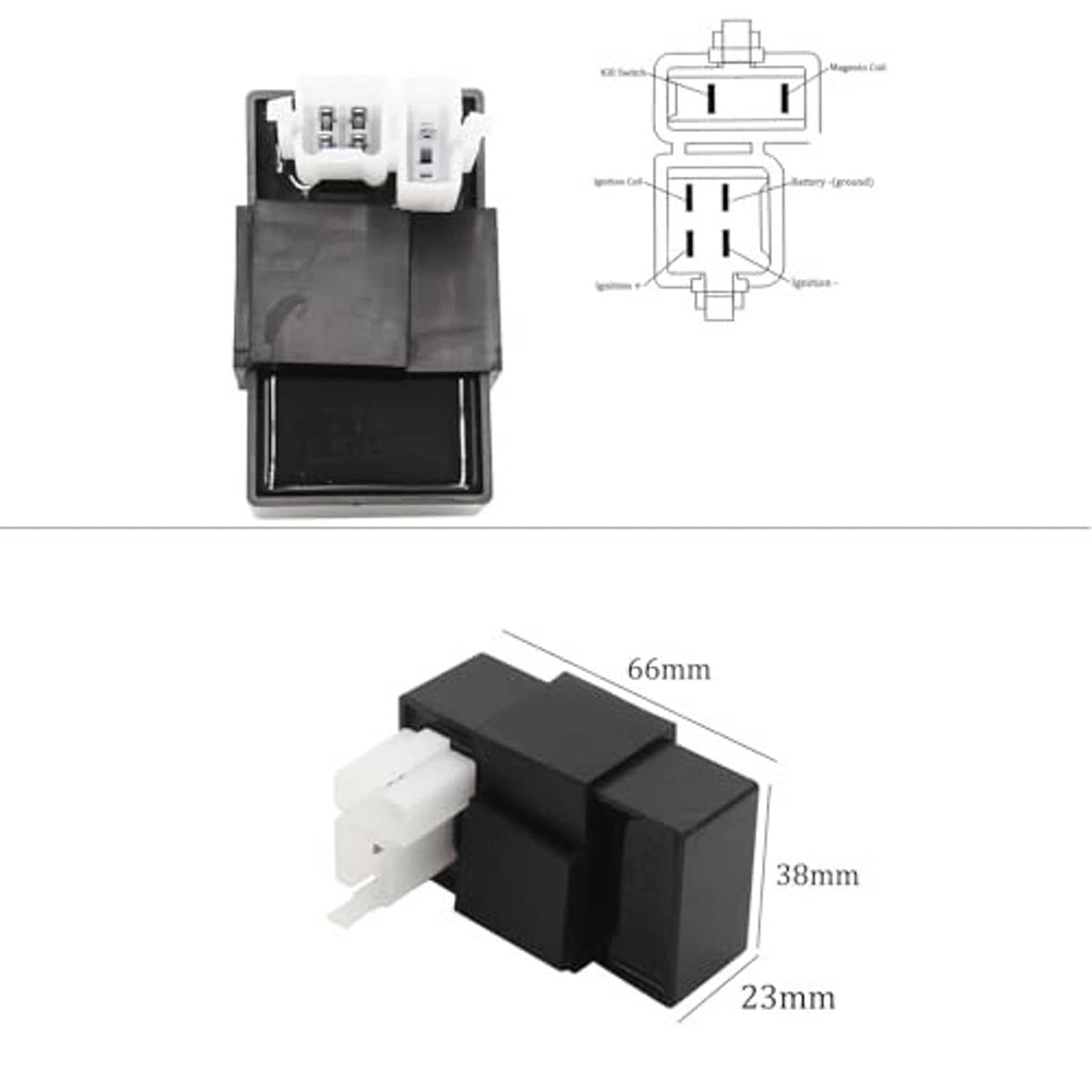 AC CDI box, black module with 6-pin connector; size marked 66mm/38mm/23mm