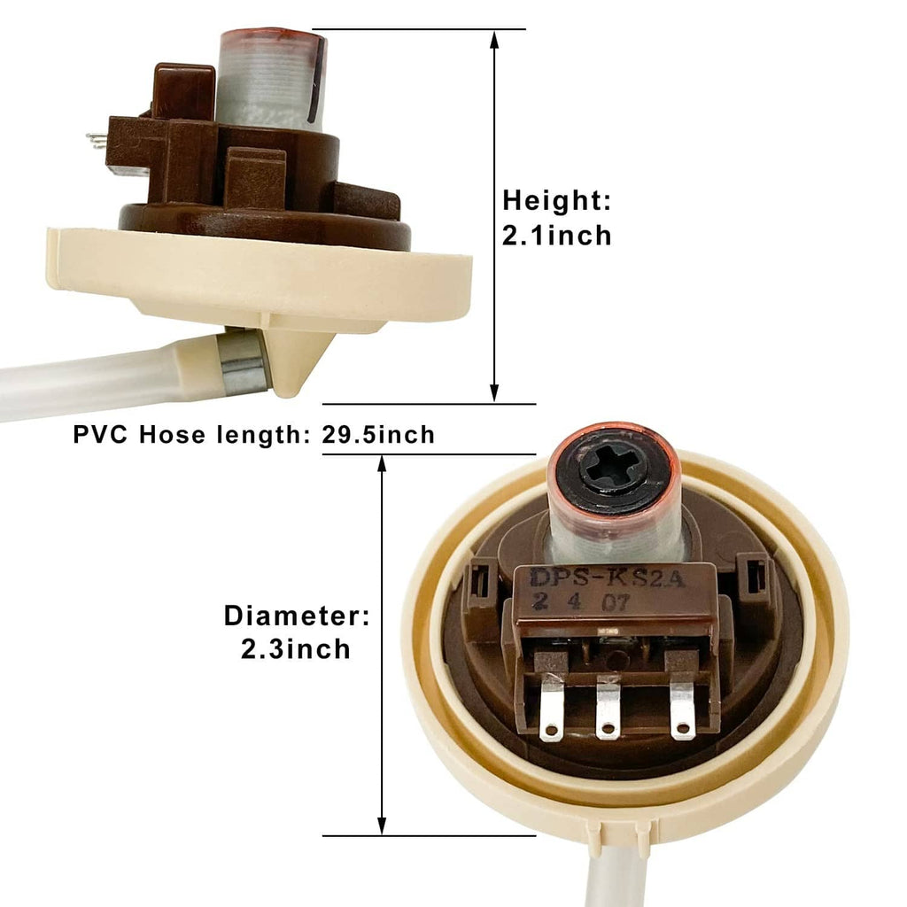 Washer water level pressure sensor switch with white PVC hose and brown housing, compact size