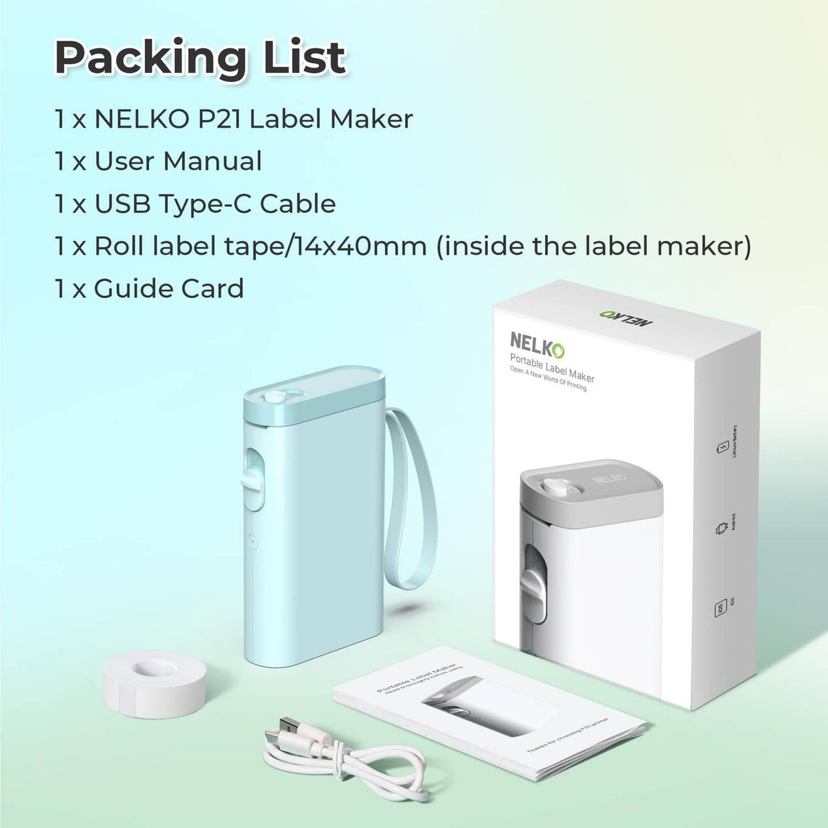 Cyan label maker kit with box, user manual, and USB Type-C cable