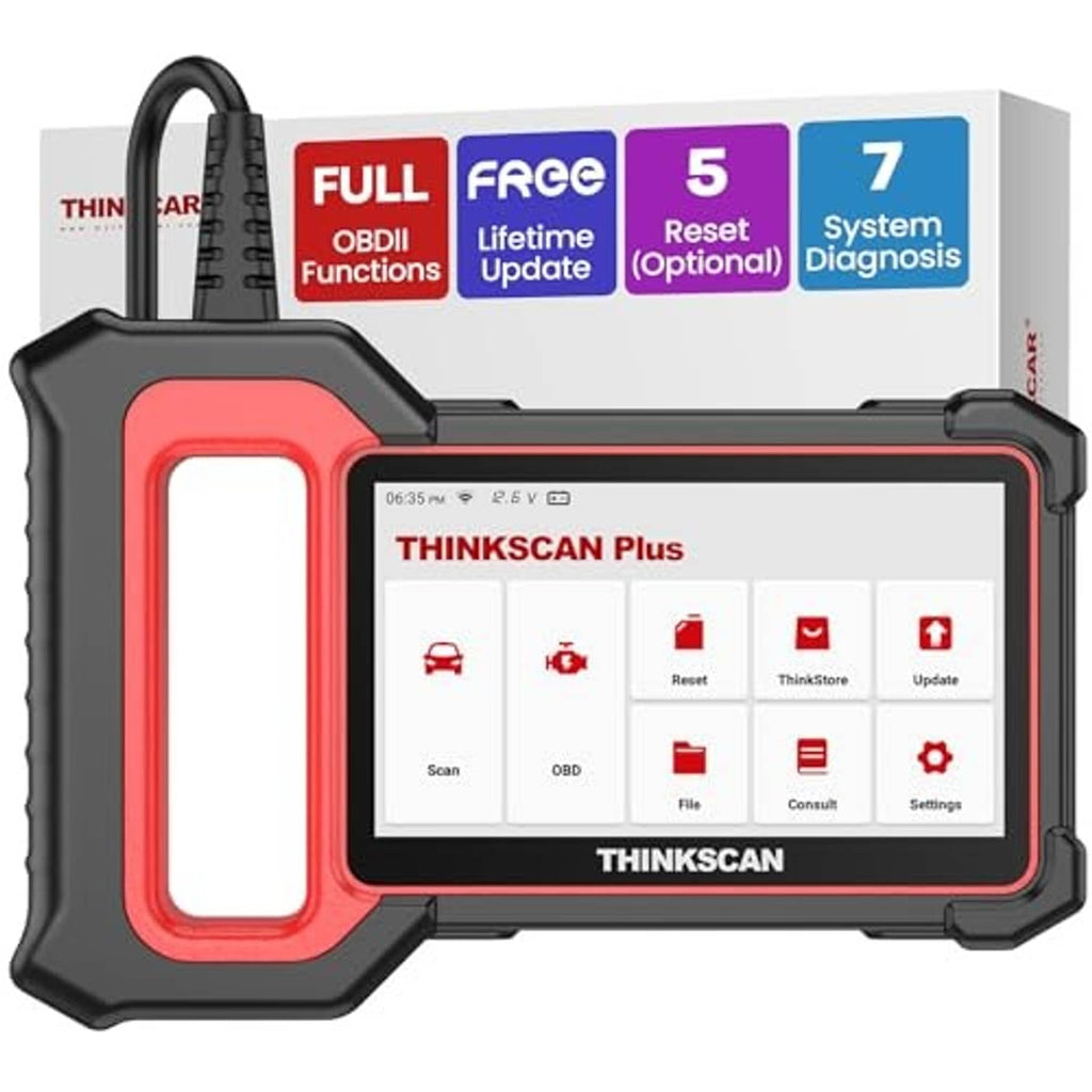 OBD2 car diagnostic scanner front view with red side panel and color touchscreen