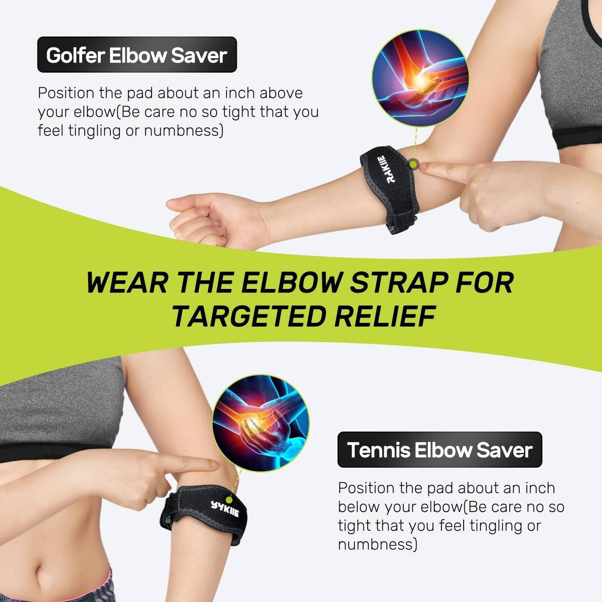 Black adjustable tennis elbow brace worn on arm with supportive padded section.