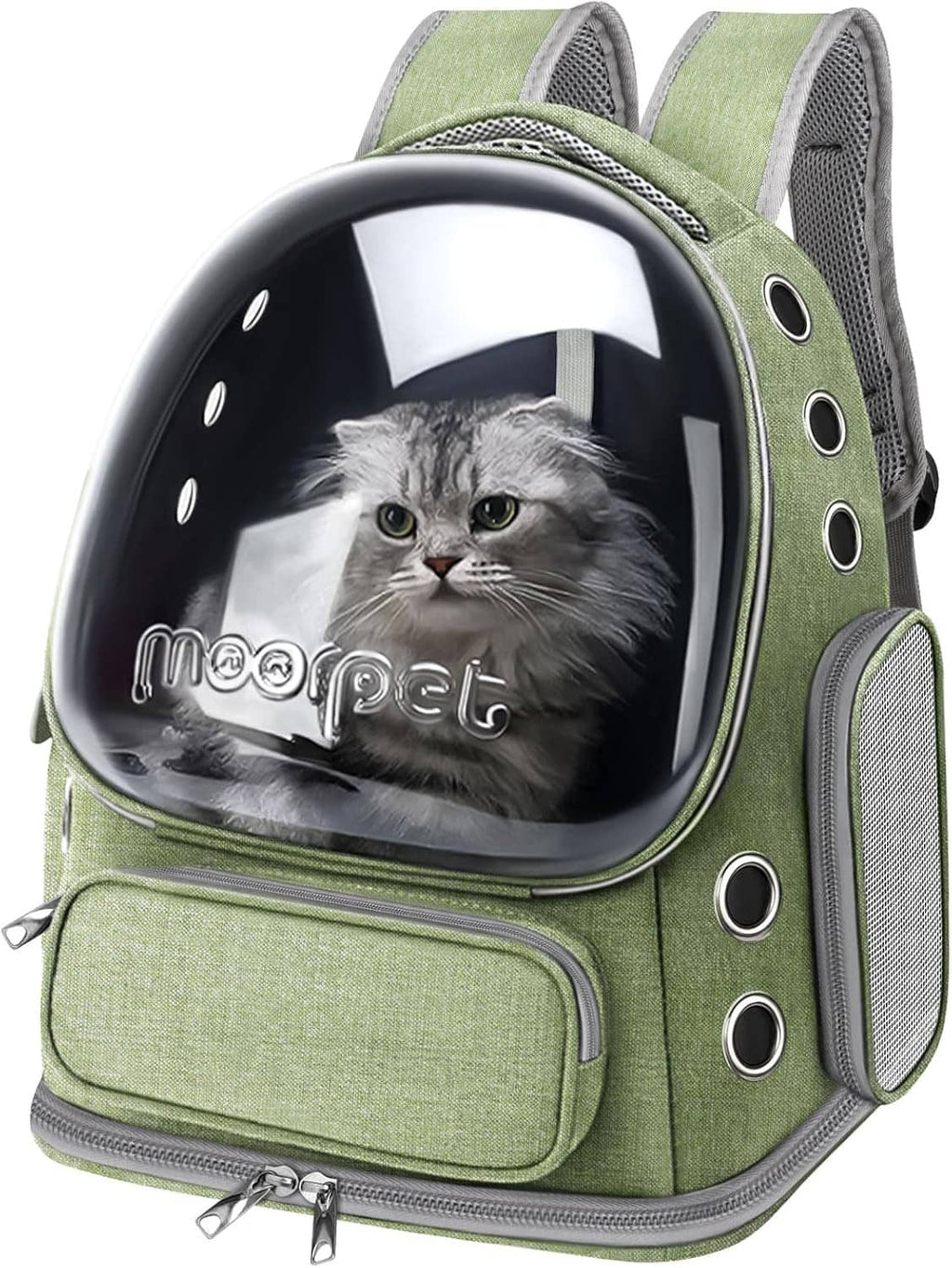 Green cat backpack carrier with clear bubble window and padded side wing storage