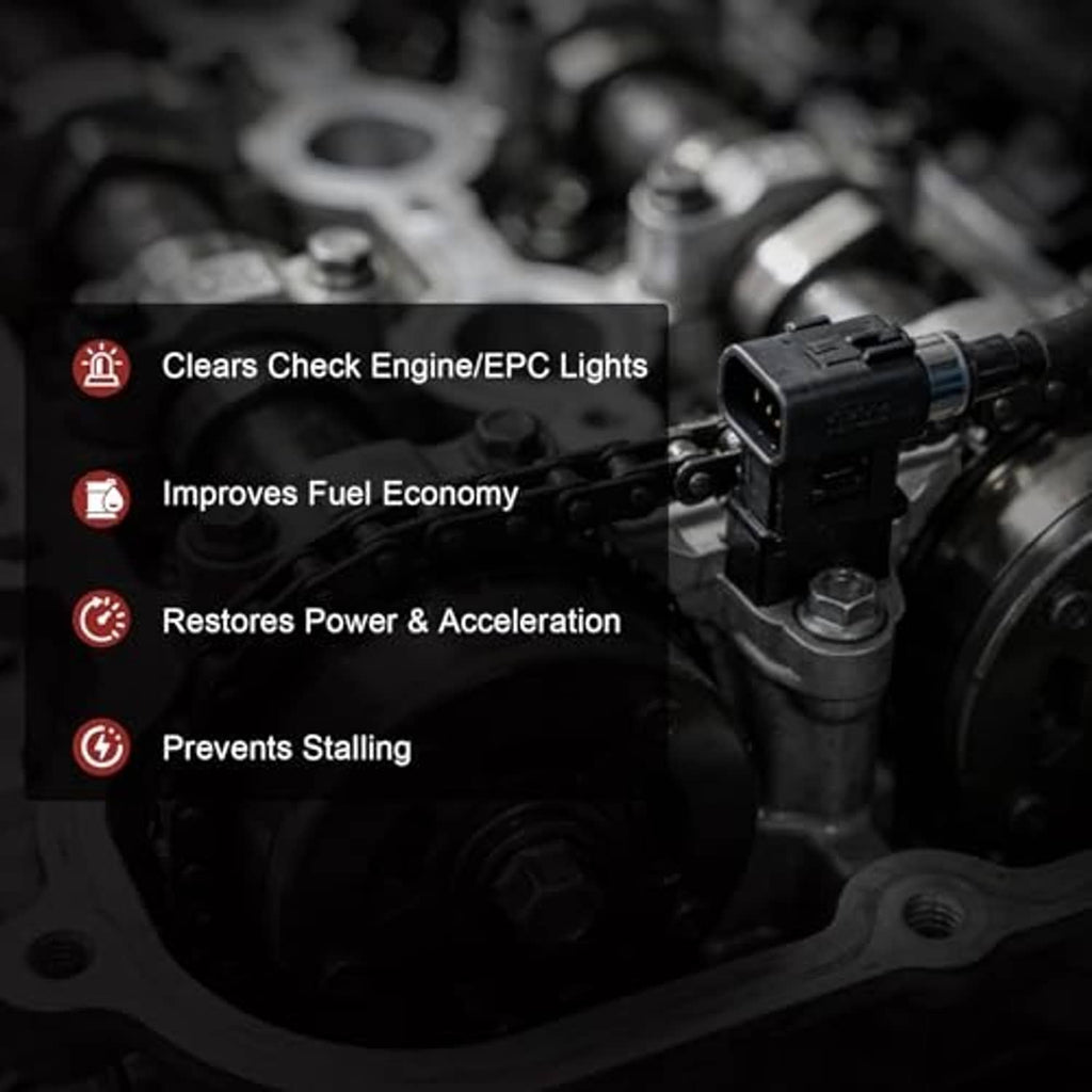 Camshaft position sensor shown in engine bay with electrical connector attached