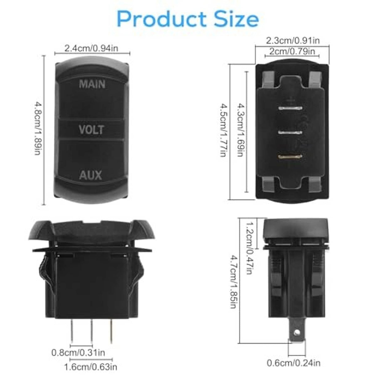 Dual voltmeter size diagram with front, side views and dimension measurements