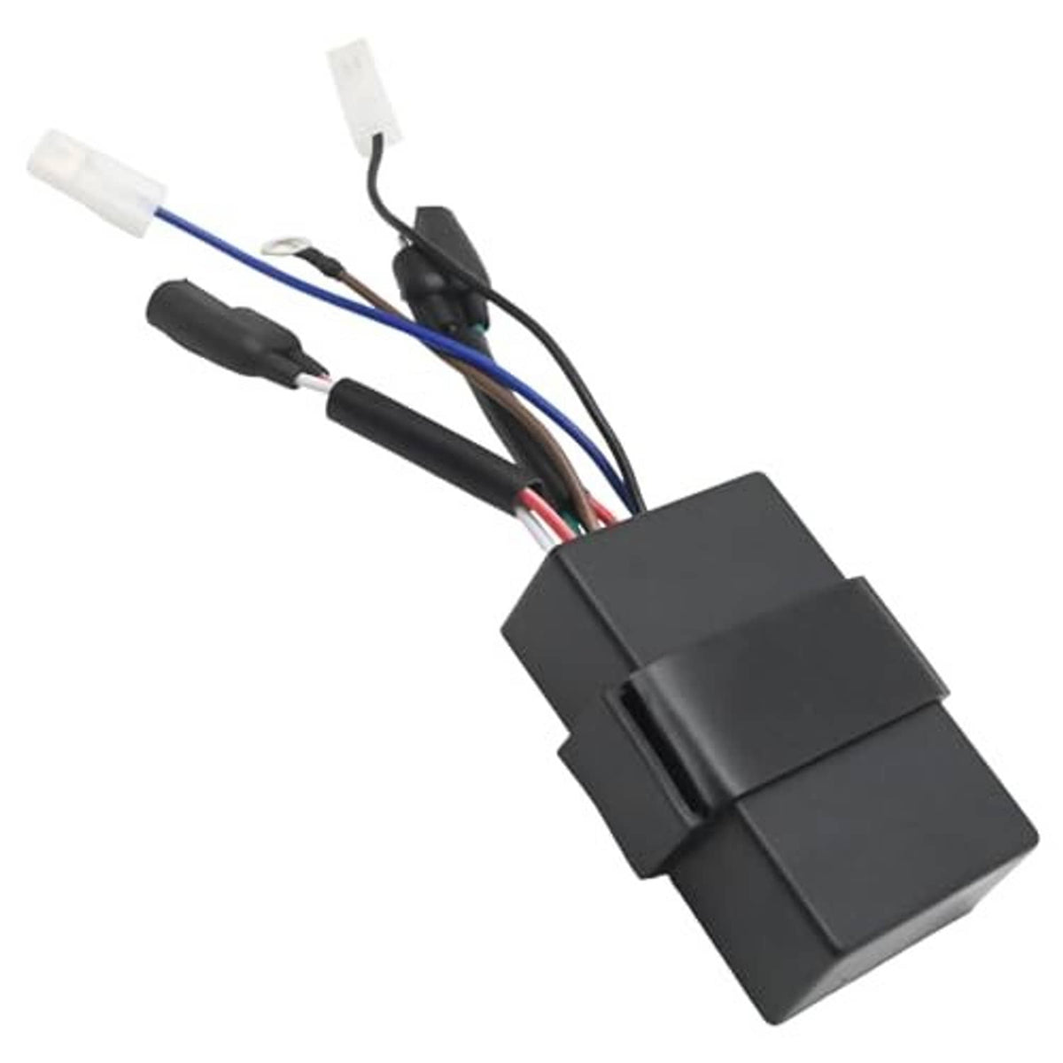 Black ignition module with wiring harness and multi-wire connector plugs