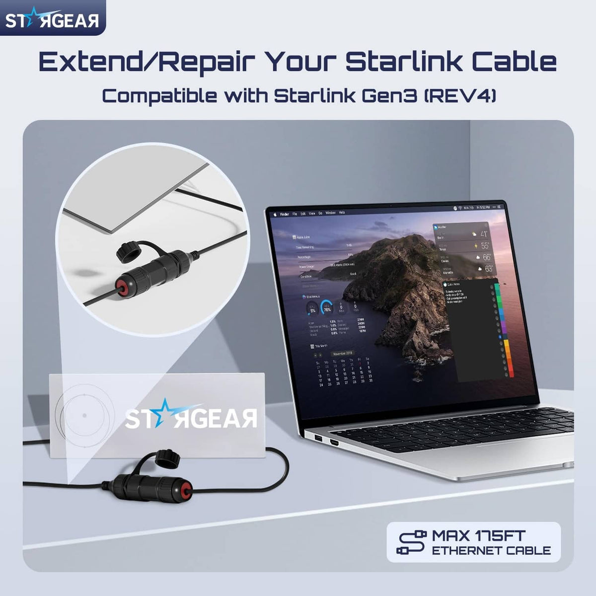 Black Ethernet adapter cable with RJ45 plug and included small coupler parts