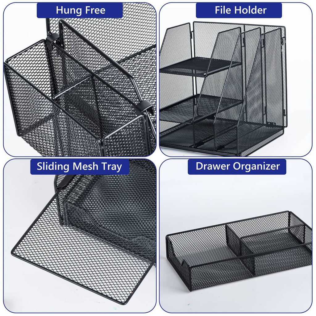 Black mesh desk organizer with sliding tray and drawer-style organizer compartments