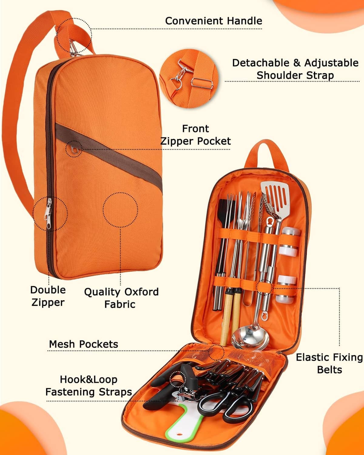 Orange utensil organizer bag with adjustable shoulder strap and front zipper pocket