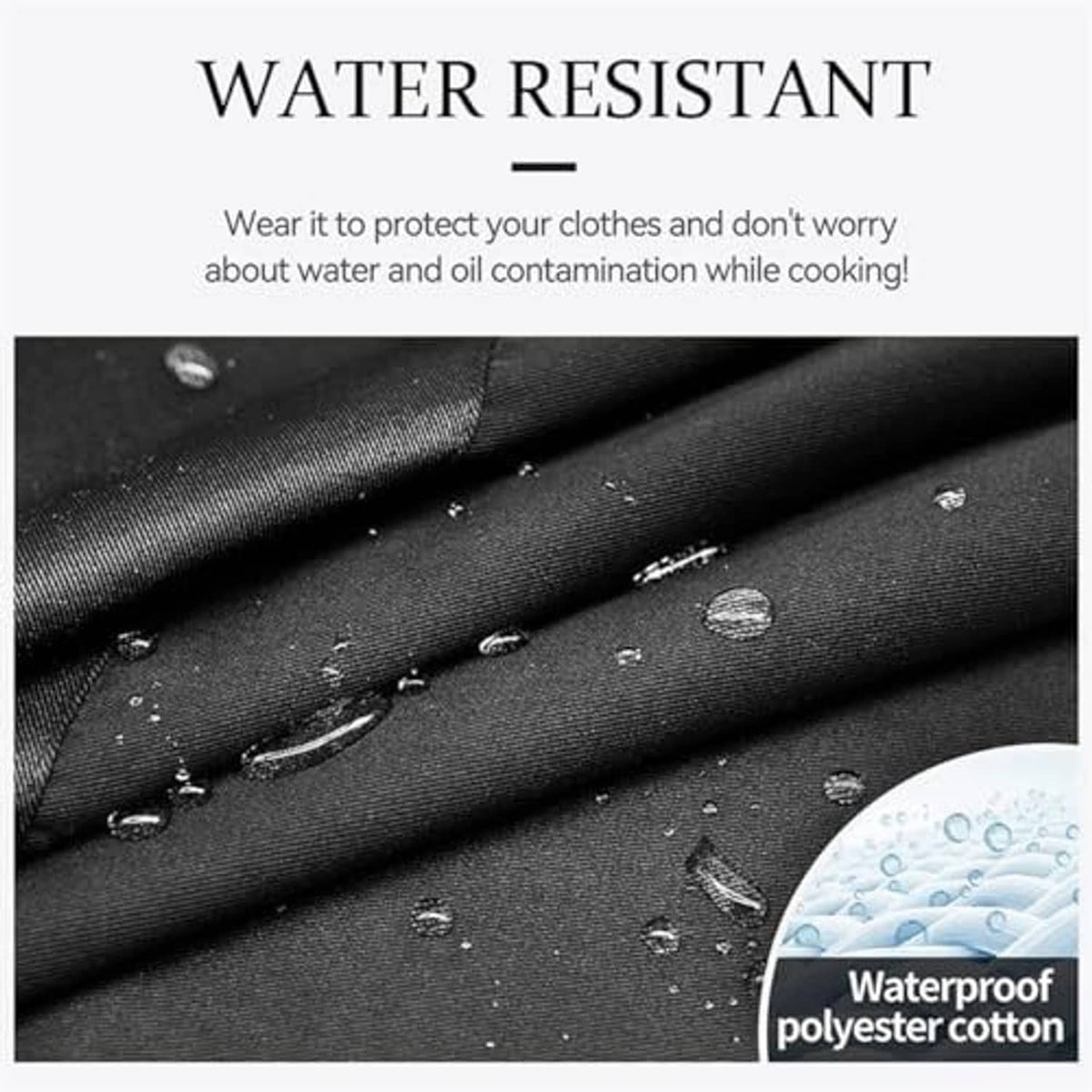 Black waterproof apron fabric with visible water droplets
