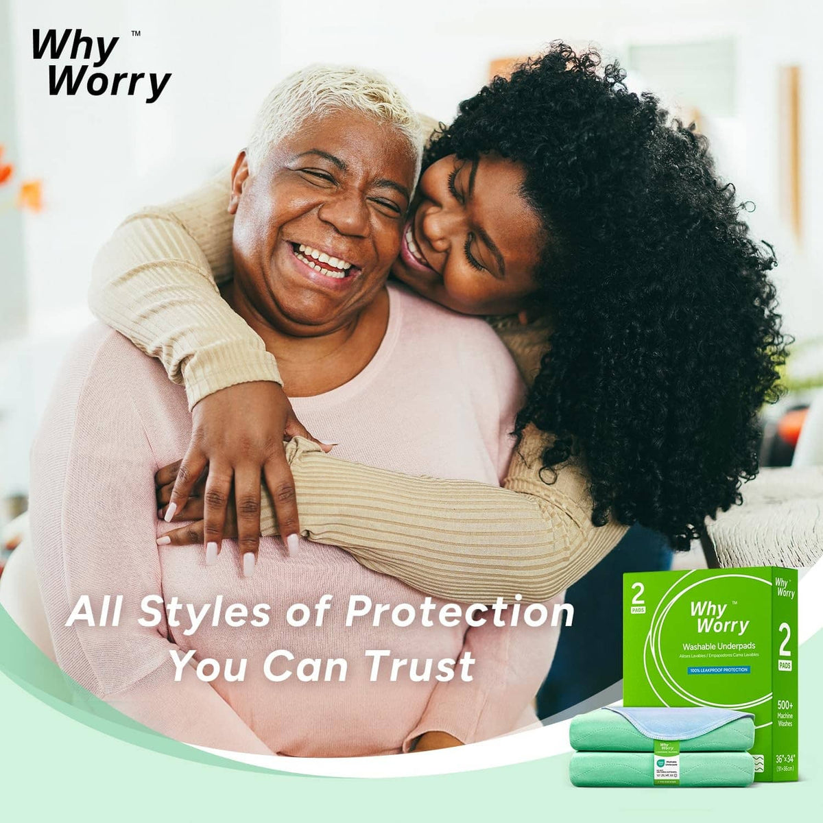 Green washable bed pad pack beside an adult couple relaxing on a bed