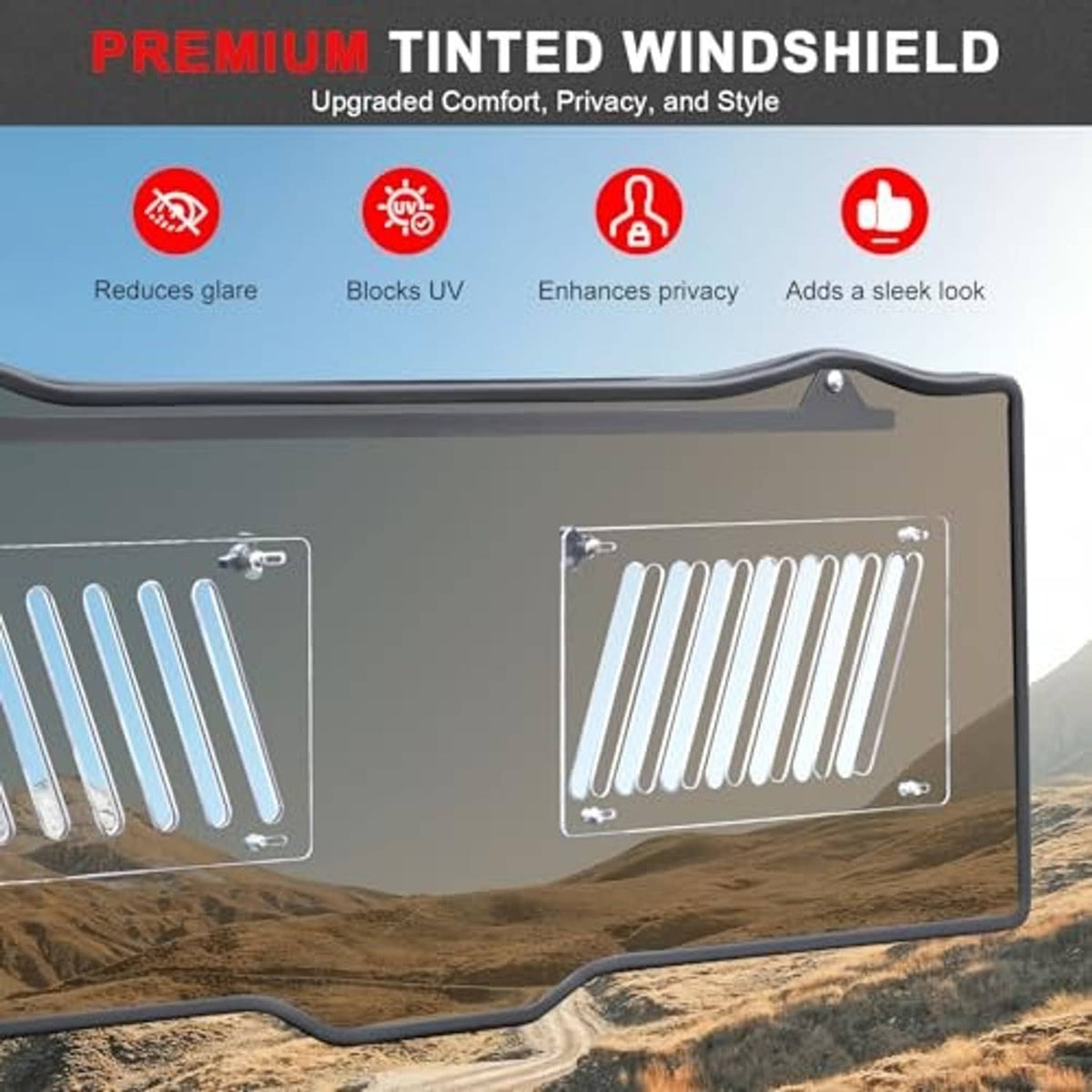 Tinted rear window panel with vent grilles, dark top edge, and mounting screw corners