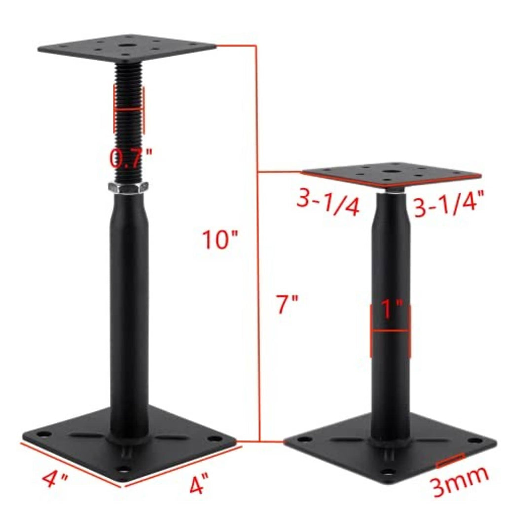 Adjustable pedestal jack with threaded post and square plates, height range illustrated