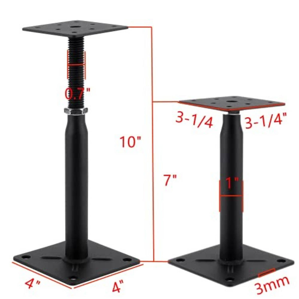 Adjustable pedestal jack with threaded post and square plates, height range illustrated