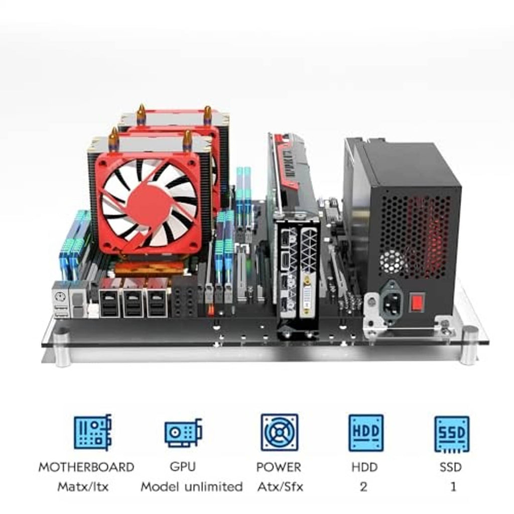 Open-frame PC case with GPU, CPU cooler, and expansion ports on a clear platform
