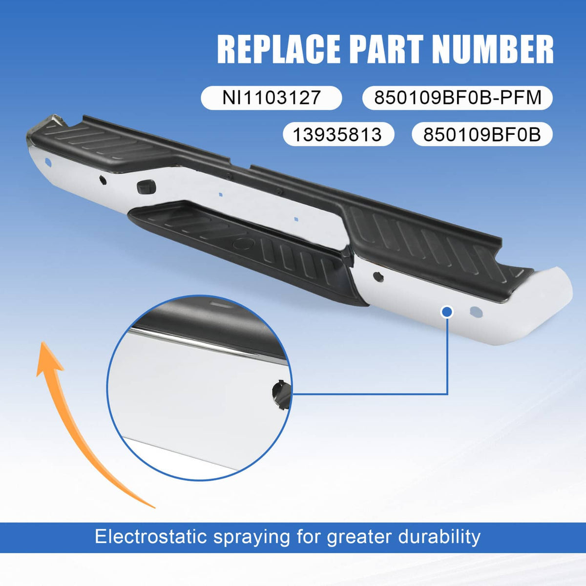 Underside view of rear step bumper assembly with black trim and mounting holes