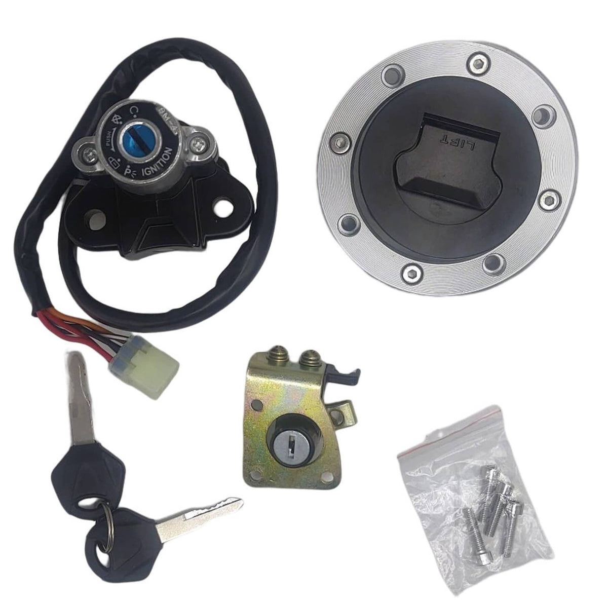 Ignition/seat lock cylinder with black key cylinder cap, wiring harness, and key set
