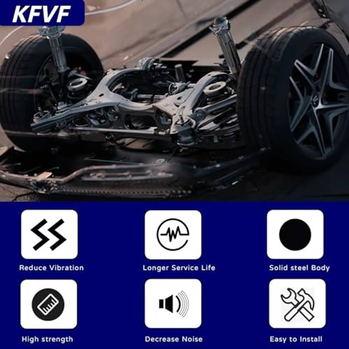 Ball joint kit features graphic with icons for reduced vibration, longer service life