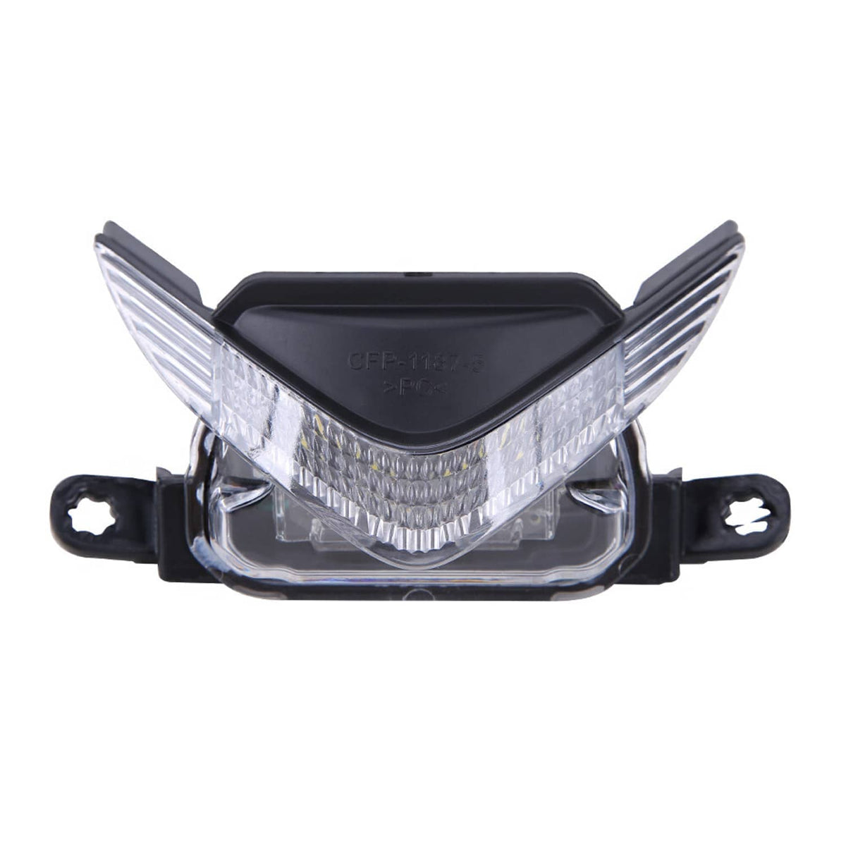 Front upper LED motorcycle headlight with clear lens, black center, side reflectors, brackets